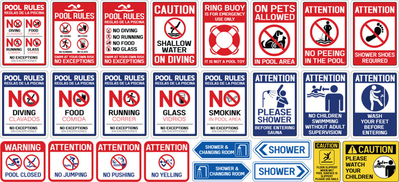 Swimming pool rules danger warning sign, Set of icons and symbol for pool.