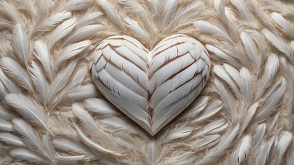 Heartshaped feather arrangement on soft feather background  symbol of love and elegance
