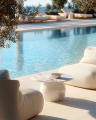 Minimalist Poolside Scene with Lounge Chairs and White Table in Warm Natural Sunlight