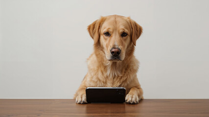 Golden retriever dog showing smartphone on desk