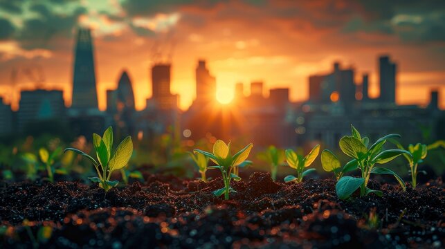 Seedlings sprout, silhouetted by a golden sunrise over a distant city skyline. Hope blooms in urban soil - Powered by Adobe