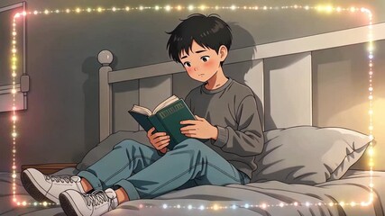 A young man engrossed in a book on his bed, a cozy reading nook bathed in a soft, inviting glow.