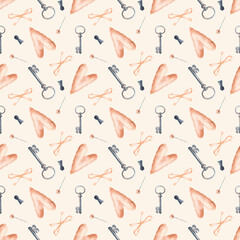 Watercolor seamless pattern with hearts, keys, bows, keyholes and pins on a light orange background. Seamless background for scrapbooking, wallpaper, packaging, wrapping paper