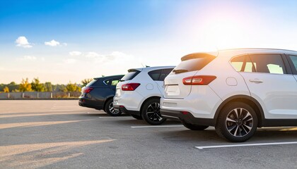 Fototapeta premium A row of three parked cars lined up neatly in an open parking lot under clear blue sky, reflecting light on clean surfaces. Suitable for marketing or business purposes