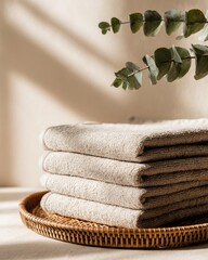 Stack of taupe linen towels on round rattan tray with eucalyptus, minimalist neutral composition for spa-like home decor or luxury bath branding