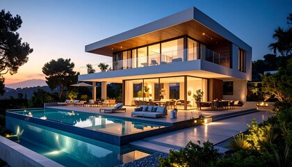 Modern villa by a swimming pool at twilight
