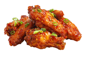 A pile of spicy buffalo chicken wings covered in sauce and garnished with scallions on transparent background