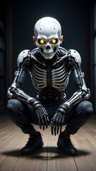 Naklejka premium Robot skeleton cyborg ai generated art futuristic sci fi horror halloween costume idea
