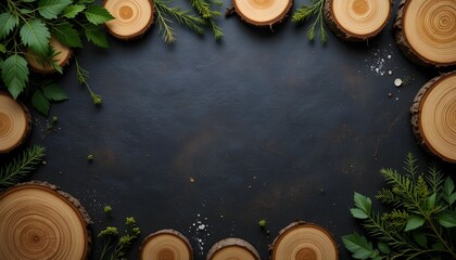 Dark Background with Rustic Wood Slices and Greenery