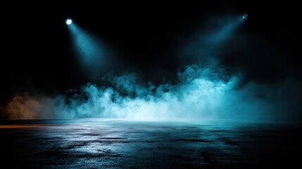 Dark stage with spotlights and fog