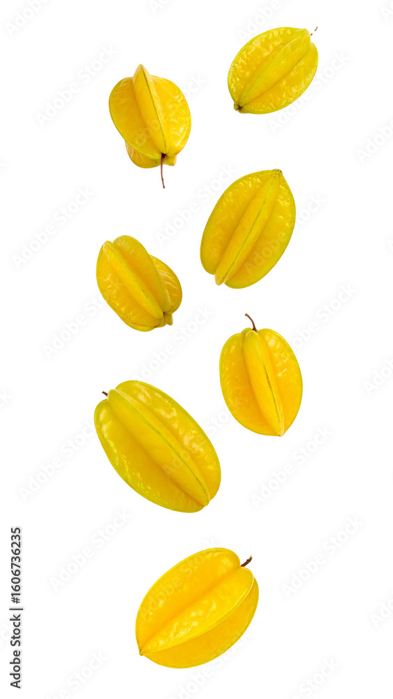 Poster ripe carambolas falling against a transparent background, creating a dynamic and appetizing visual