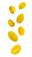 Ripe carambolas falling against a transparent background, creating a dynamic and appetizing visual