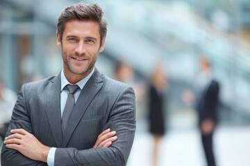 Smiling young professional in a suit with arms crossed, standing confidently in front of a modern office building, showing success and ambition.