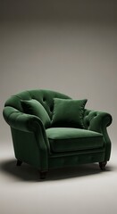 Deep emerald green velvet armchair with button tufting.