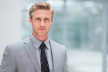 Fototapeta premium Smiling young professional in a suit with arms crossed, standing confidently in front of a modern office building, showing success and ambition.
