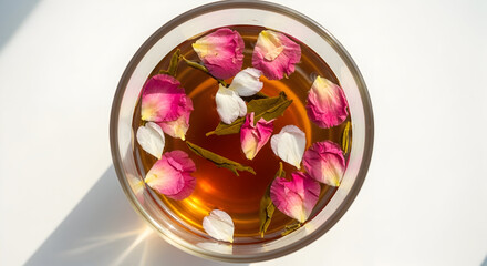 Top View Shows Tea with Rose Petals Floating in Glass Cup on White Tabletop