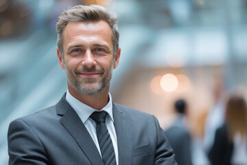 Smiling young professional in a suit with arms crossed, standing confidently in front of a modern office building, showing success and ambition.