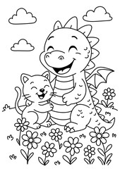 Printable black-and-white coloring page featuring a friendly baby dragon and a smiling kitten in a flower meadow under fluffy clouds. Clean line art with thick outlines and simple shapes
