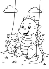Cute coloring page featuring a baby dragon and a kitten playing together on a swing. They are smiling and enjoying the outdoors with fluffy clouds and grassy ground