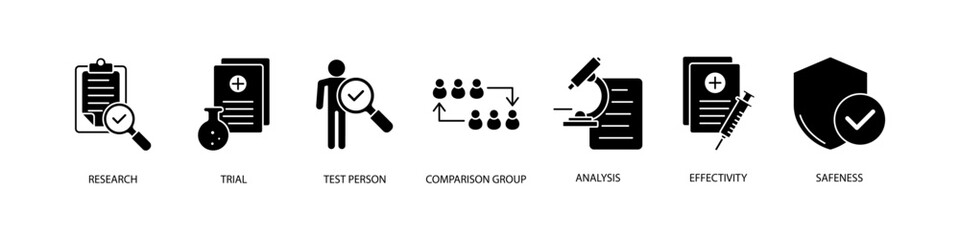 Set of clinical study and clinical trial Icons or symbols Vector fully editable file.
