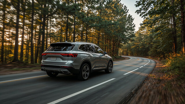 Sleek silver suv navigating serene forest road