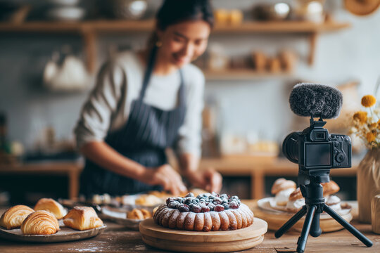 A woman is in a kitchen, preparing food
