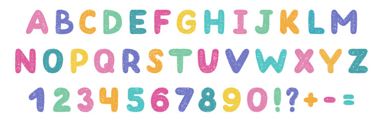 Crayon alphabet and number doodle set. Chalk pencil font with kid letters in sketch style. Hand drawn vector illustration isolated on white background.