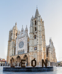 Fototapeta premium Leon, Spain - November 02, 2024: Exterior facade of the Gothic cathedral in the city of Leon, Spain