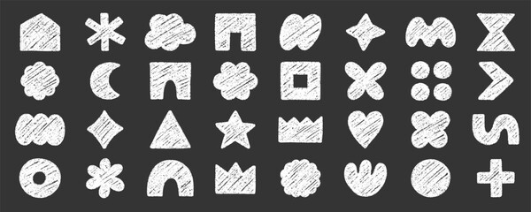 Abstract geometric shapes and forms, chalk pencil doodle set. Crayon modern figures, brush crown, star, heart in sketch style. Hand drawn vector illustration isolated on black background