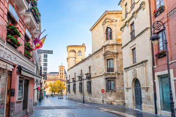 Leon, Spain - November 02, 2024: Buildings lining a street in the historic center called Calle Ancha in the city of Leon, Spain