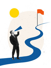 Bright collage of businessman shouting through megaphone toward flag on winding road under sun....