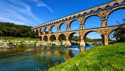 Fototapeta premium Ancient stone bridge over a river, sunny day