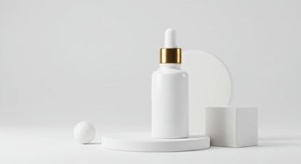 Minimalist white dropper bottle with gold accent on white pedestal