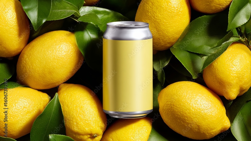 Poster can of soda is sitting on top of a pile of lemons. the lemons are yellow and are arranged in a way t