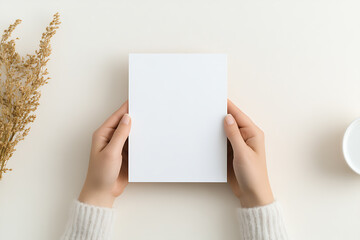 Hands hold blank card on off-white table with dried grasses and a dish creating a minimal, clean, and artistic mock-up invitation or note card.