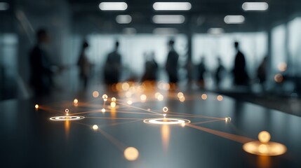 Abstract network on table with blurred figures in background in a modern office setting
