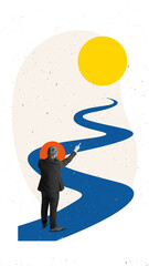 Bright poster of businessman pointing toward sun at end of winding road. Concept of career...