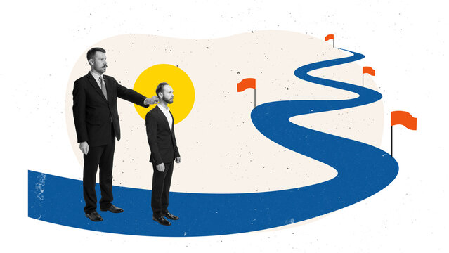 Contemporary collage of man leading smaller colleague along winding road with flags on way. Concept of business coaching, leadership mentoring, growth planning, and corporate training tools.