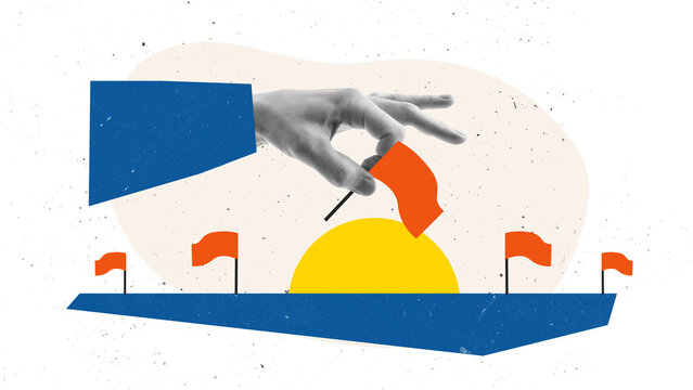 Creative digital collage of large hand placing red flag at final point of progress road. Concept of planning milestone, goal tracking, business consulting, and timeline visualization.