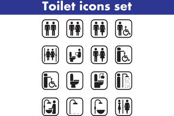 Toilet icons set, common male female restroom, handicap wheelchair access, sanitizer liquid soap, WC direction, baby changing table room, toilet signs, WC signs collection