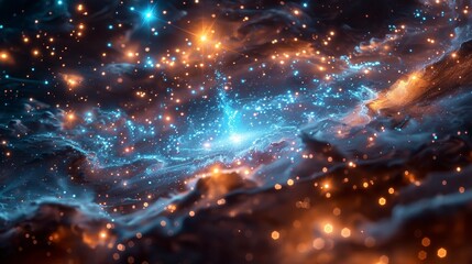 Obraz premium Glowing cosmic nebula of swirling dust and light, with blue and orange flares, and scattered stars
