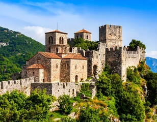 Ancient stone castle and church atop a hill
