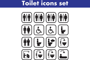 Toilet icons set, common male female restroom, handicap wheelchair access, sanitizer liquid soap, WC direction, baby changing table room, toilet signs, WC signs collection