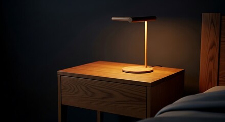 Wooden bedside table with a simple lamp.