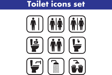 Toilet icons set, common male female restroom, handicap wheelchair access, sanitizer liquid soap, WC direction, baby changing table room, toilet signs, WC signs collection