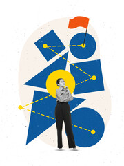 Digital composition of woman analyzing abstract shapes and lines with red flag. Concept of...
