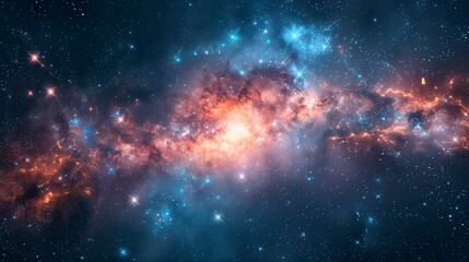 Fototapeta premium Vast, colorful cosmos with orange nebula and blue stars scattered across a dark, starry sky