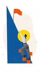 Bold collage of woman climbing steep triangle to reach red flag at top. Concept of career progress...