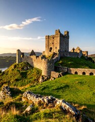 Ancient stone castle on a hill overlooking a lake at sunset