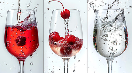 Collage of red and white wine splashing into glasses with cherry and raspberry